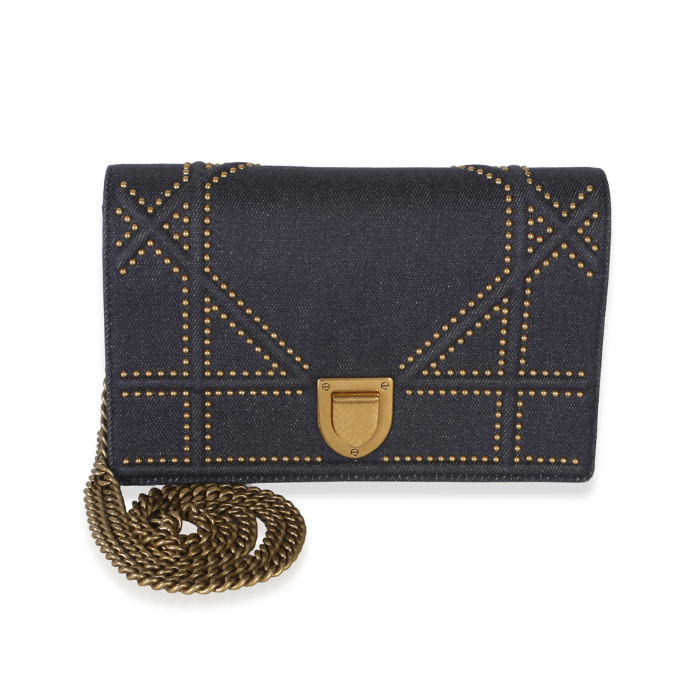 Christian Dior Blue Denim Studded Diorama Wallet On Chain